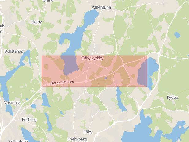 Karta som med röd fyrkant ramar in Norrortsleden, Täby Kyrkby, Täby, Stockholms län