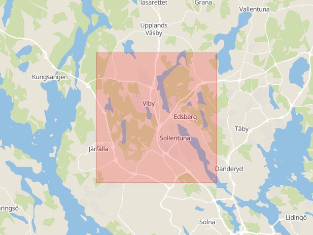 Karta som med röd fyrkant ramar in Sollentuna Kommun, Sollentuna, Stockholms län