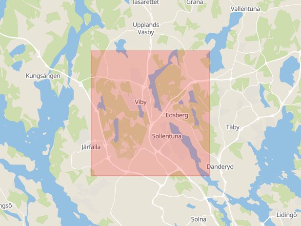 Karta som med röd fyrkant ramar in Danderyd, Sollentuna, Stockholms län