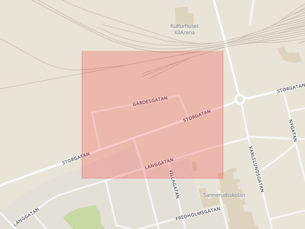 Karta som med röd fyrkant ramar in Gärdesgatan, Kil, Värmlands län