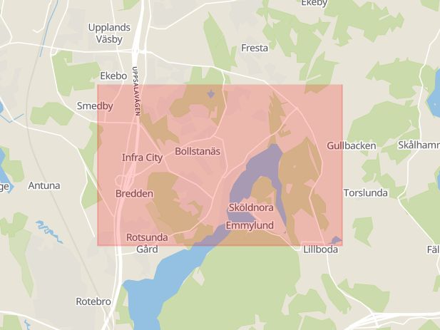 Karta som med röd fyrkant ramar in Bollstanäs, Upplands väsby, Stockholms län