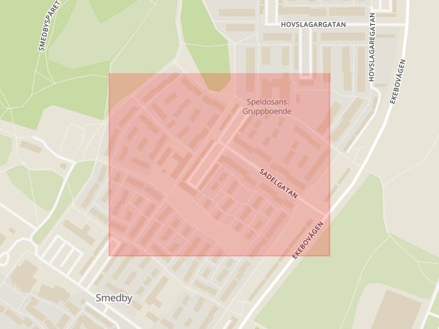Karta som med röd fyrkant ramar in Sadelgatan, Smedby, Upplands väsby, Stockholms län