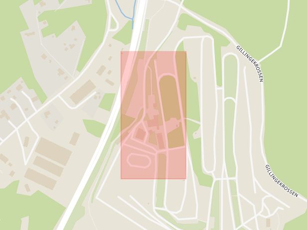 Karta som med röd fyrkant ramar in Gillingebanan, Åkersberga, Vallentuna, Stockholms län