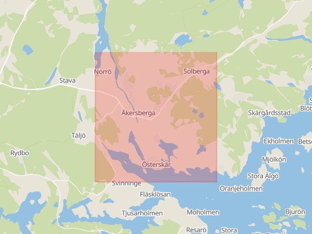 Karta som med röd fyrkant ramar in Åkersberga, Österåker, Stockholms län