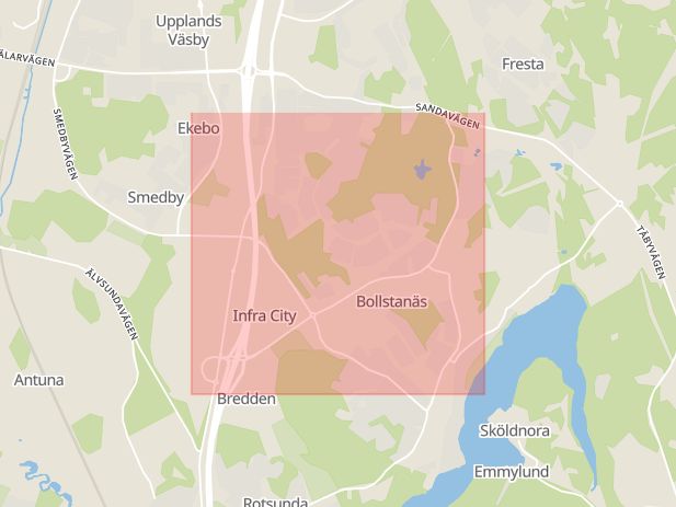 Karta som med röd fyrkant ramar in Breddenvägen, Upplands väsby, Stockholms län