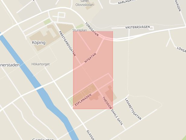 Karta som med röd fyrkant ramar in Karlbergsbadet, Köping, Västmanlands län