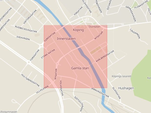 Karta som med röd fyrkant ramar in Nygatan, Köping, Västmanlands län