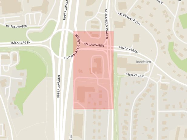 Karta som med röd fyrkant ramar in Trafikplats Glädjen, Upplands väsby, Stockholms län