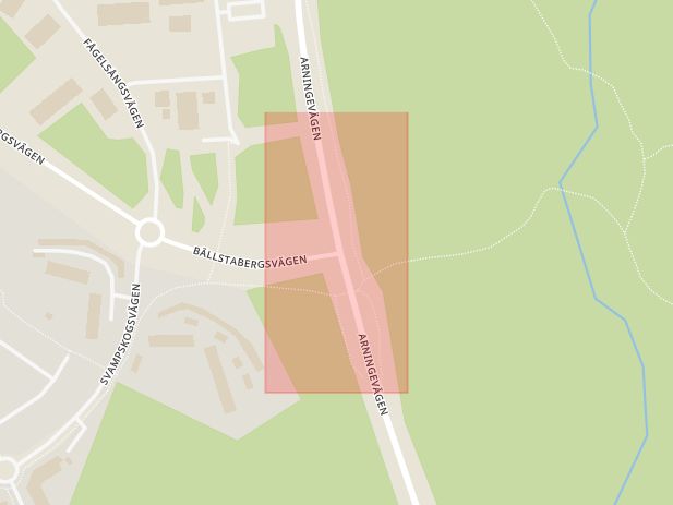 Karta som med röd fyrkant ramar in Bällstabergsvägen, Arningevägen, Vallentuna, Stockholms län