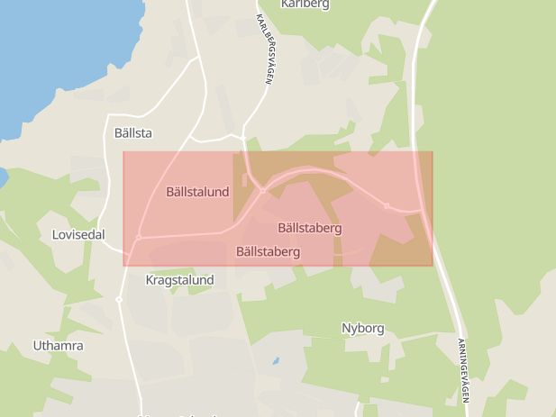 Karta som med röd fyrkant ramar in Bällsta, Bällstabergsvägen, Murkelvägen, Vallentuna, Stockholms län