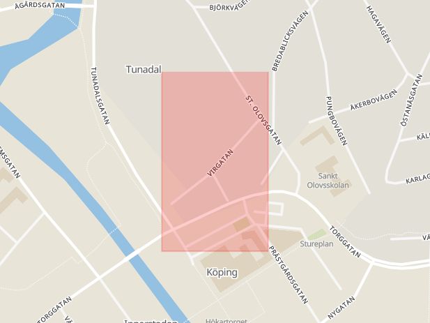 Karta som med röd fyrkant ramar in Virgatan, Västerås, Västmanlands län