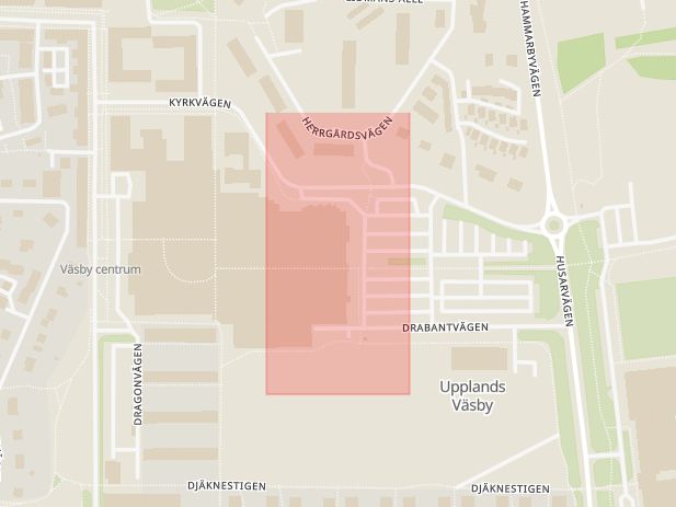 Karta som med röd fyrkant ramar in Väsby Centrum, Upplands väsby, Stockholms län