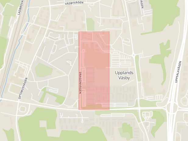 Karta som med röd fyrkant ramar in Väsby, Dragonvägen, Upplands väsby, Stockholms län