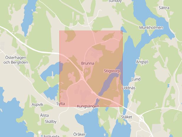 Karta som med röd fyrkant ramar in Granhammarsvägen, Trafikplats Brunna, Upplands-bro, Stockholms län