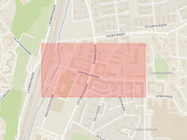 Karta som med röd fyrkant ramar in Väsby, Centralvägen, Upplands väsby, Stockholms län