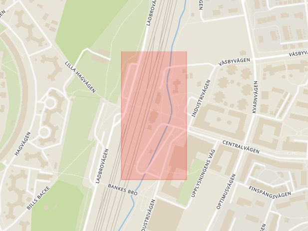 Karta som med röd fyrkant ramar in Sköldnoravägen, Täbyvägen, Hagalund, Upplands väsby, Stockholms län
