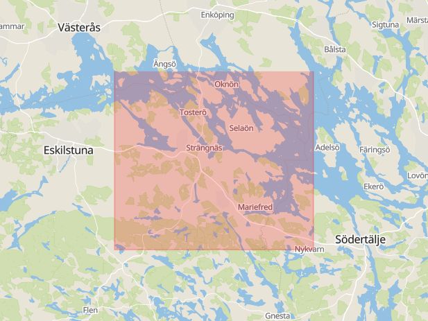 Karta som med röd fyrkant ramar in Södermanland, Strängnäs, Lunda, Eskilstuna, Hamngatan, Södermanlands län