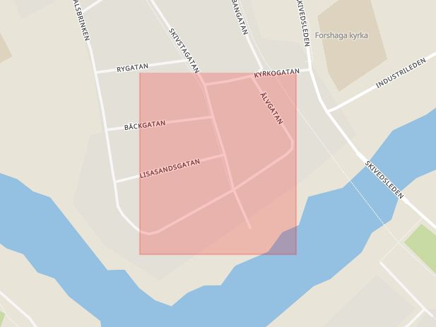 Karta som med röd fyrkant ramar in Älvgatan, Karlstad, Forshaga, Värmlands län