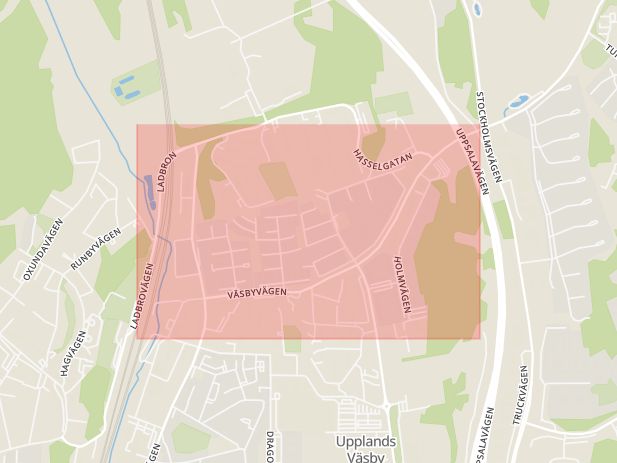 Karta som med röd fyrkant ramar in Väsbyvägen, Uppsala, Upplands väsby, Stockholms län
