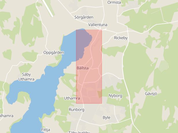 Karta som med röd fyrkant ramar in Stockholmsvägen, Bällsta, Vallentuna, Stockholms län