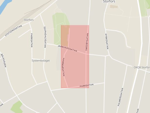 Karta som med röd fyrkant ramar in Hammargatan, Storfors, Värmlands län