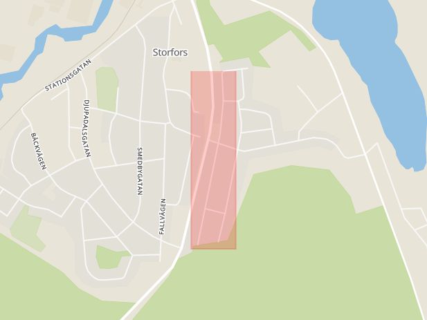 Karta som med röd fyrkant ramar in Västra Skyttegatan, Storfors, Värmlands län