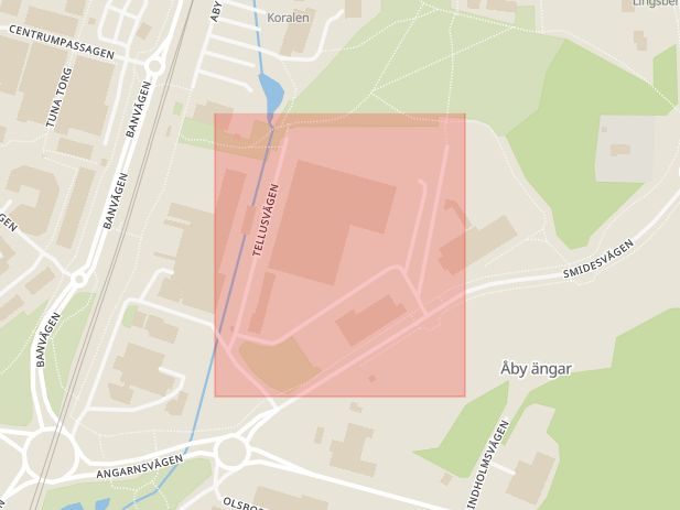 Karta som med röd fyrkant ramar in Tellusvägen, Vallentuna, Stockholms län