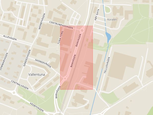 Karta som med röd fyrkant ramar in Vallentuna Station, Vallentuna, Stockholms län