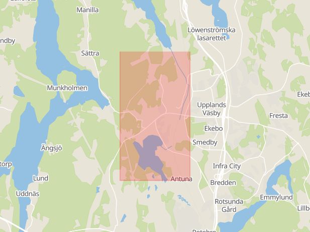 Karta som med röd fyrkant ramar in Runby, Väsby, Upplands väsby, Stockholms län