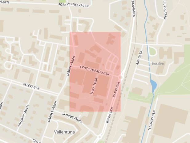 Karta som med röd fyrkant ramar in Torggatan, Vallentuna, Stockholms län