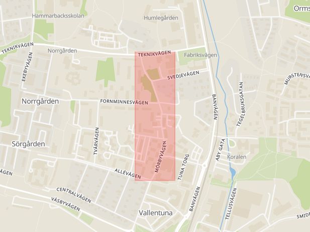 Karta som med röd fyrkant ramar in Mörbyvägen, Vallentuna, Stockholms län