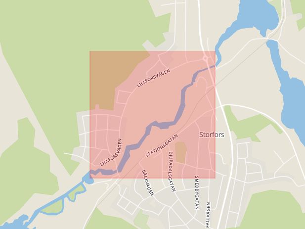 Karta som med röd fyrkant ramar in Lillforsvägen, Storfors, Värmlands län