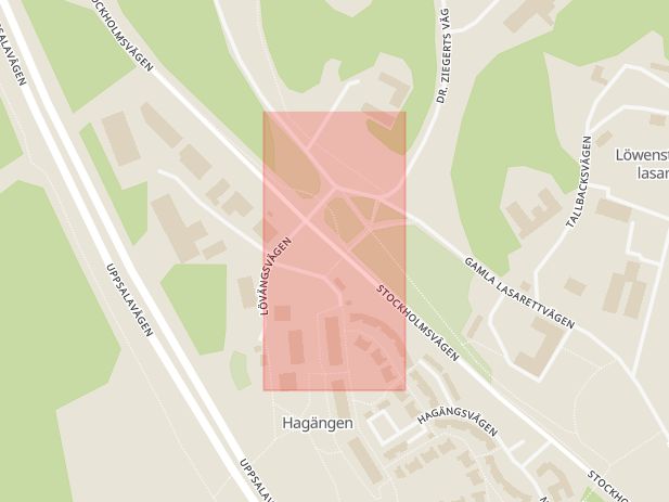 Karta som med röd fyrkant ramar in Hagängen, Upplands Väsby, Stockholms län