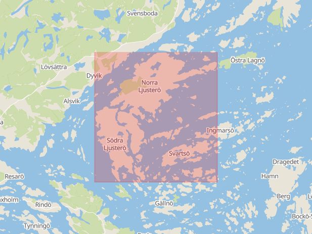 Karta som med röd fyrkant ramar in Norra Ljusterö, Österåker, Stockholms län