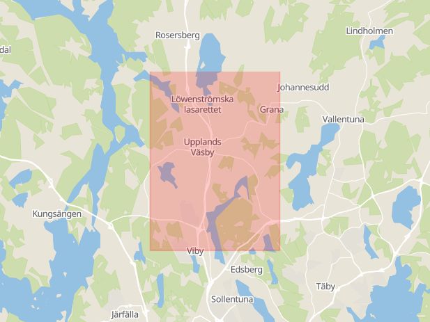 Karta som visar ungefär var händelsen Stöld,  försök: En inringare uppger att två maskerade gärningspersoner försöker göra inbrott i en villa i området Odenslunda i Upplands Väsby. inträffat