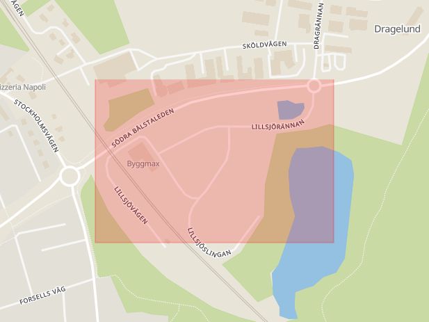 Karta som med röd fyrkant ramar in Bålsta, Lillsjörännan, Håbo, Uppsala län