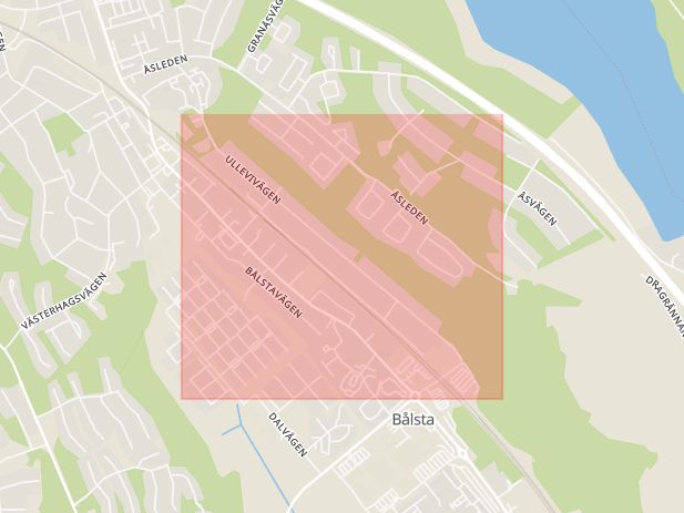 Karta som med röd fyrkant ramar in Ullevivägen, Håbo, Uppsala län