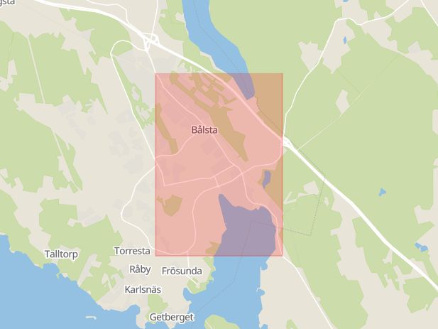 Karta som med röd fyrkant ramar in Bålsta, Stockholmsvägen, Håbo