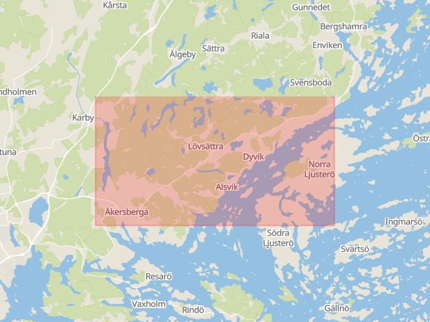 Karta som med röd fyrkant ramar in Roslagsvägen, Österåker, Stockholms län