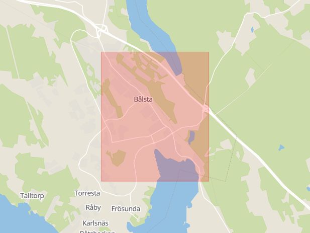 Karta som med röd fyrkant ramar in Stockholmsvägen, Bålsta, Håbo, Uppsala län