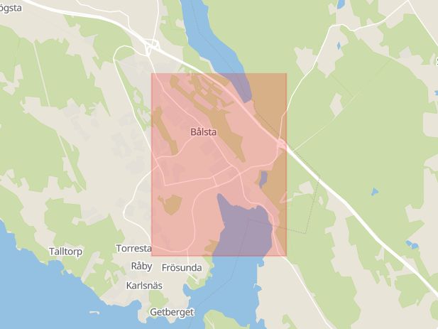 Karta som med röd fyrkant ramar in Stockholmsvägen, Håbo