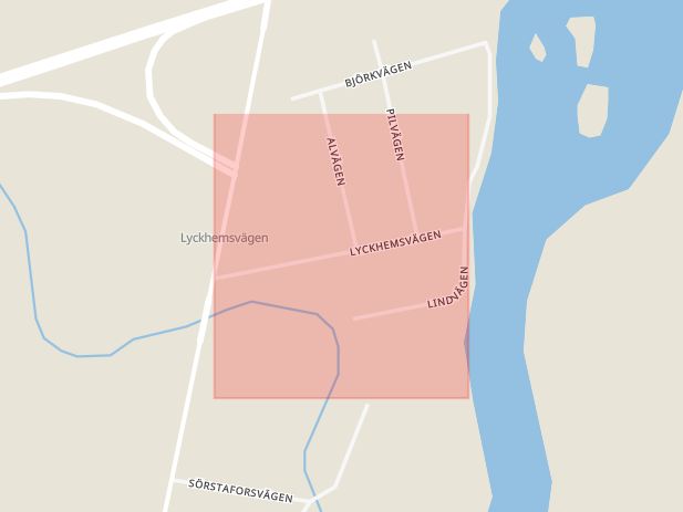Karta som med röd fyrkant ramar in Lyckhemsvägen, Sörstafors, Hallstahammar, Västmanlands län