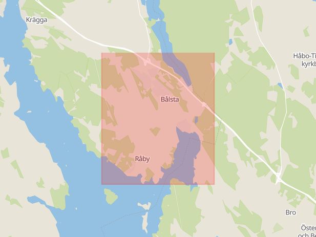 Karta som med röd fyrkant ramar in Bålsta, Håbo, Uppsala län