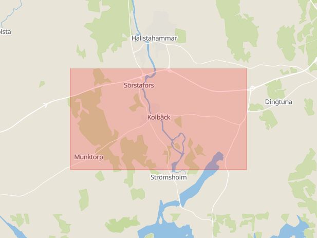 Karta som med röd fyrkant ramar in Kolbäck, Köping, Västmanlands län