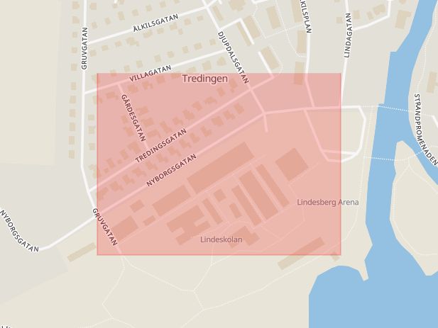 Karta som med röd fyrkant ramar in Nyborgsgatan, Lindesberg, Örebro län