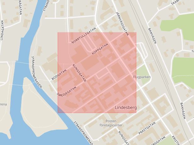 Karta som med röd fyrkant ramar in Smedjegatan, Lindesberg, Örebro län