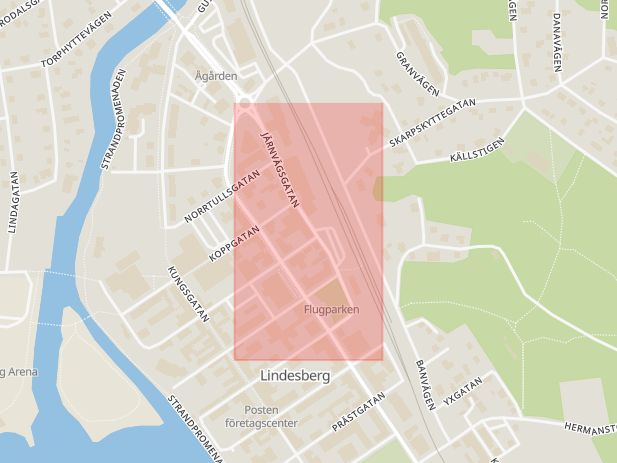 Karta som med röd fyrkant ramar in Järnvägsgatan, Kristinavägen, Lindesberg, Örebro län
