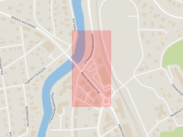 Karta som med röd fyrkant ramar in Bergsmansgatan, Kristinavägen, Lindesberg, Örebro län