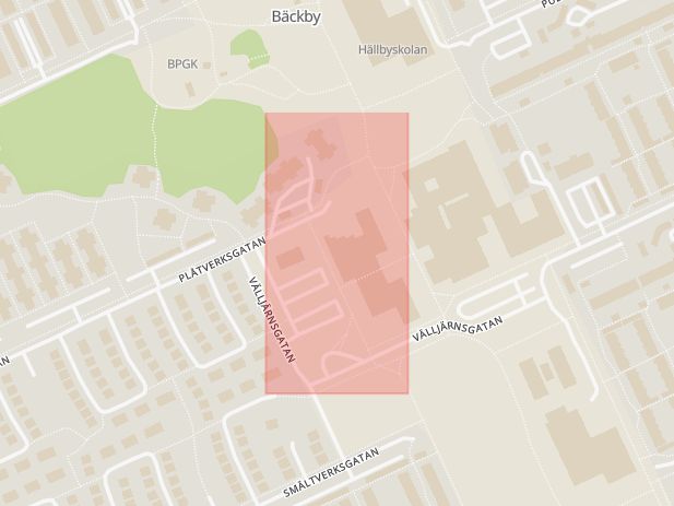 Karta som med röd fyrkant ramar in Bäckby Centrum, Västerås, Västmanlands län