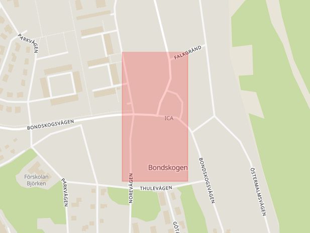 Karta som med röd fyrkant ramar in Bondskogsvägen, Björkhyttevägen, Lindesberg, Örebro län